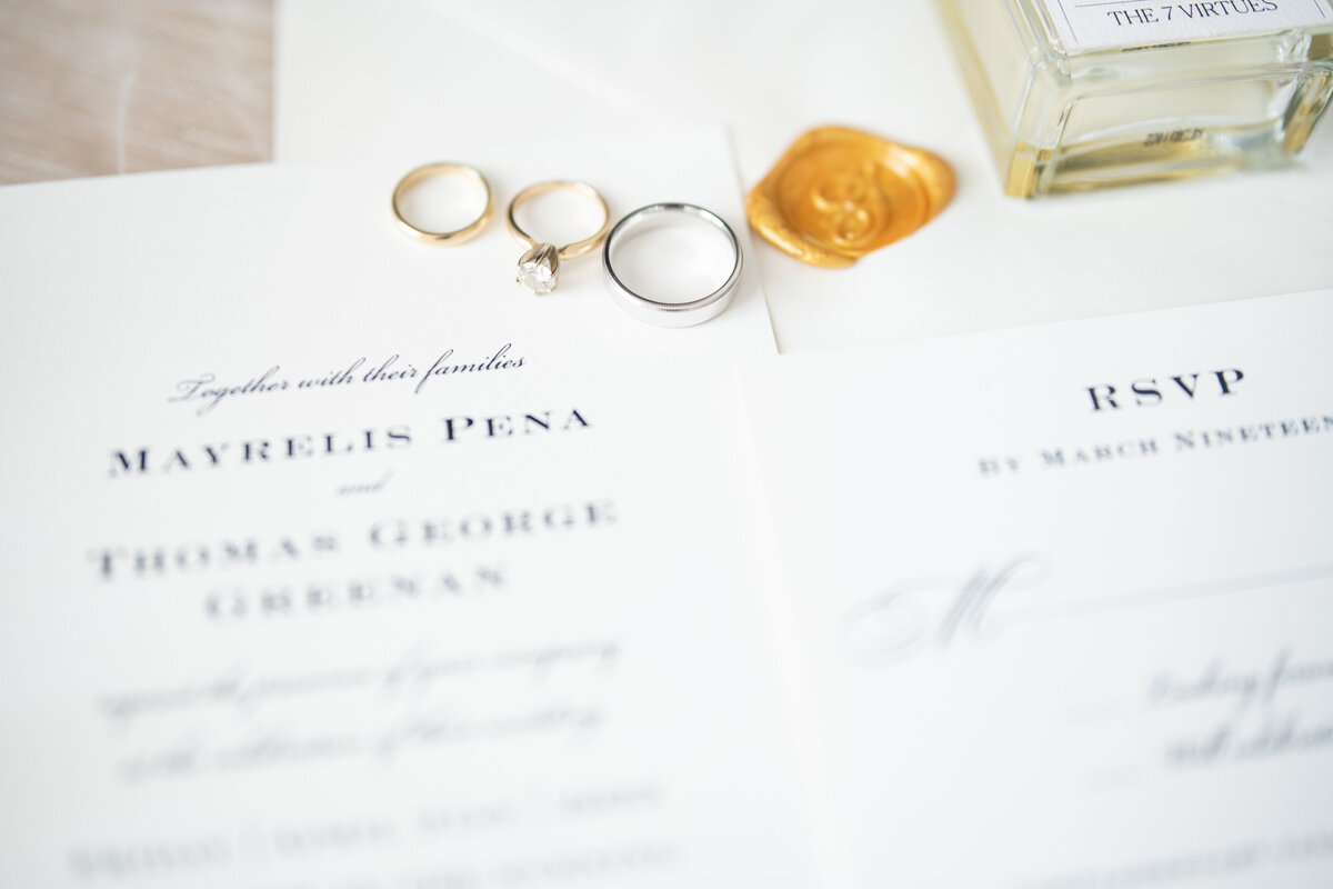 Wedding rings on wedding invitation