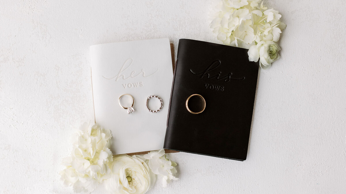 Vow Books with Couples Rings, White Wedding Flowers