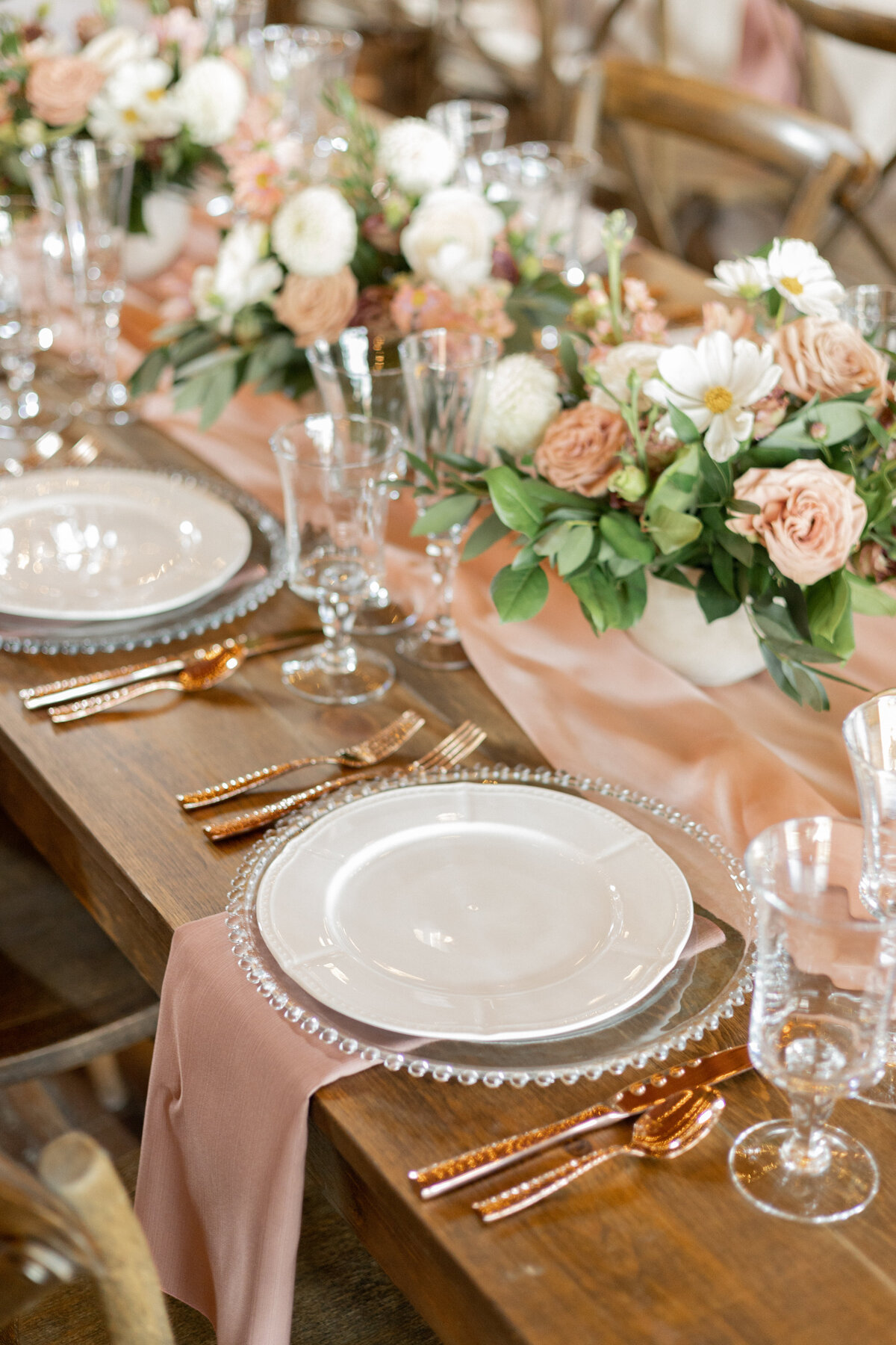 Blush pink wedding tablescape details