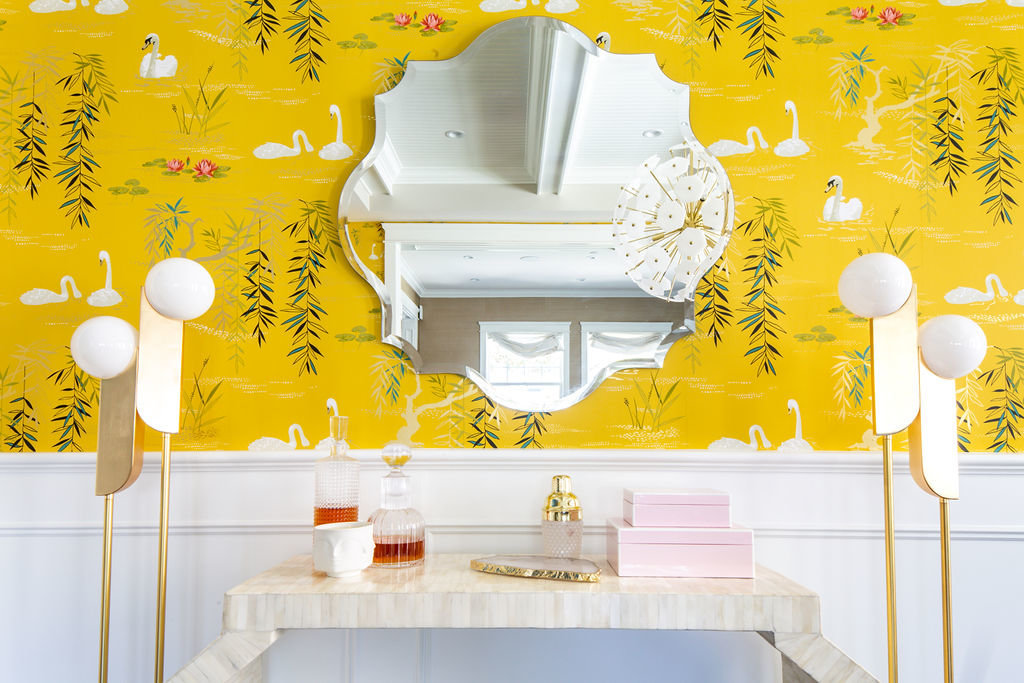 Floral Wallaper and white wainscoting