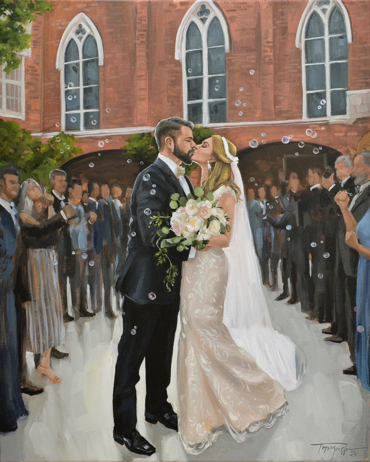 bride and groom kiss under bubbles, Wedding Portrait Paintings From Photos