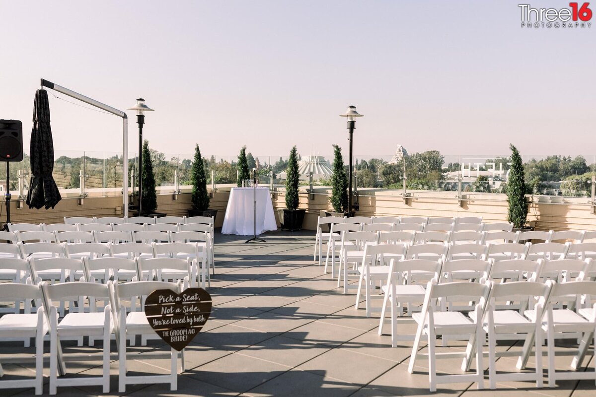 Wedding ceremony setup on the roof of The FIFTH Rooftop Restaurant & Bar in Anaheim