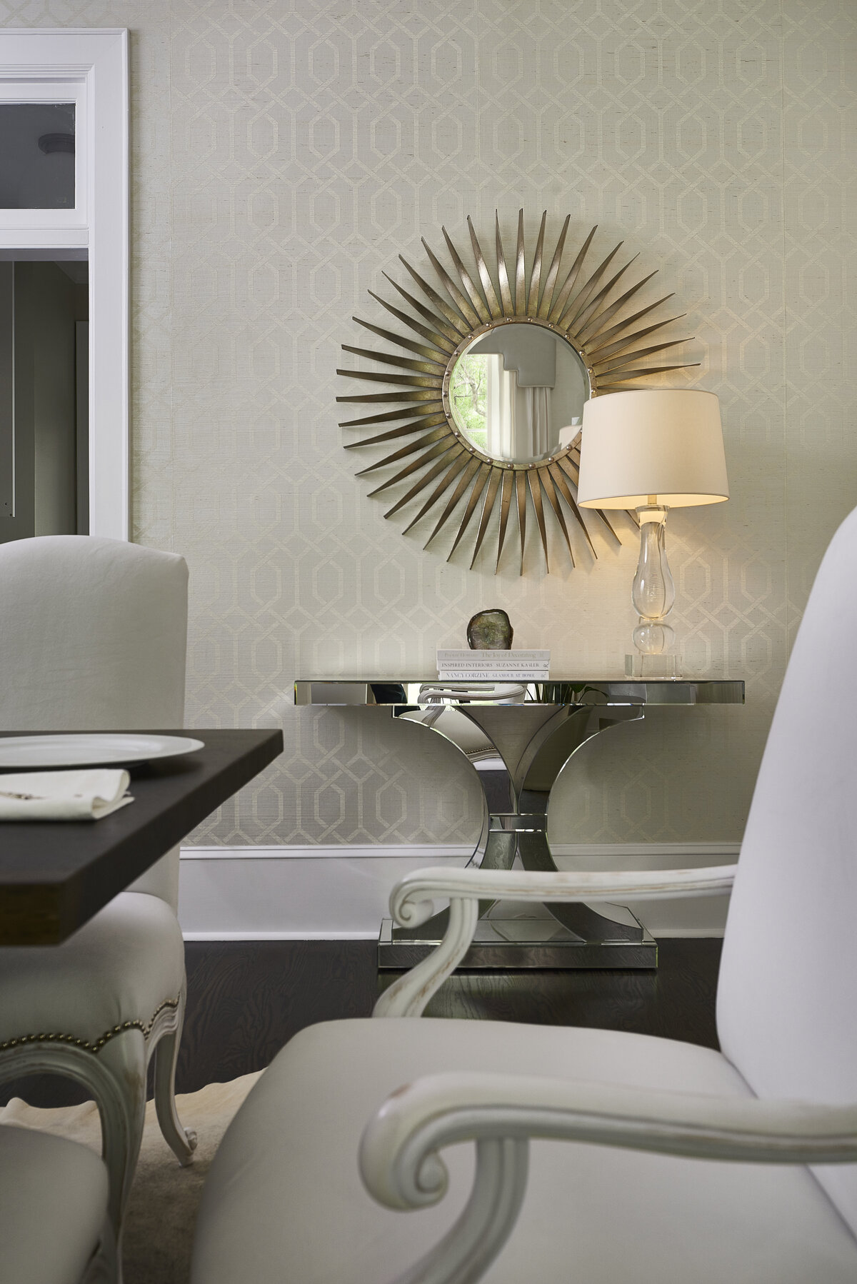 Comfy White Dining Chair + Wall Dresser and Lamp on Top