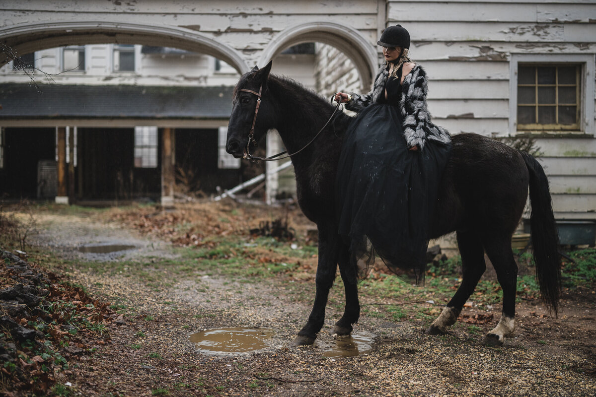 woman in black dress on black horse