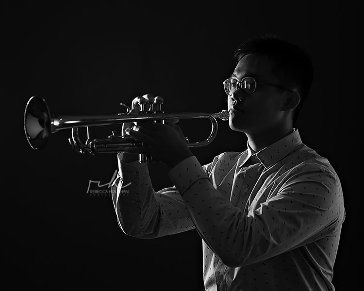 black and white band trumpet senior portraits mi