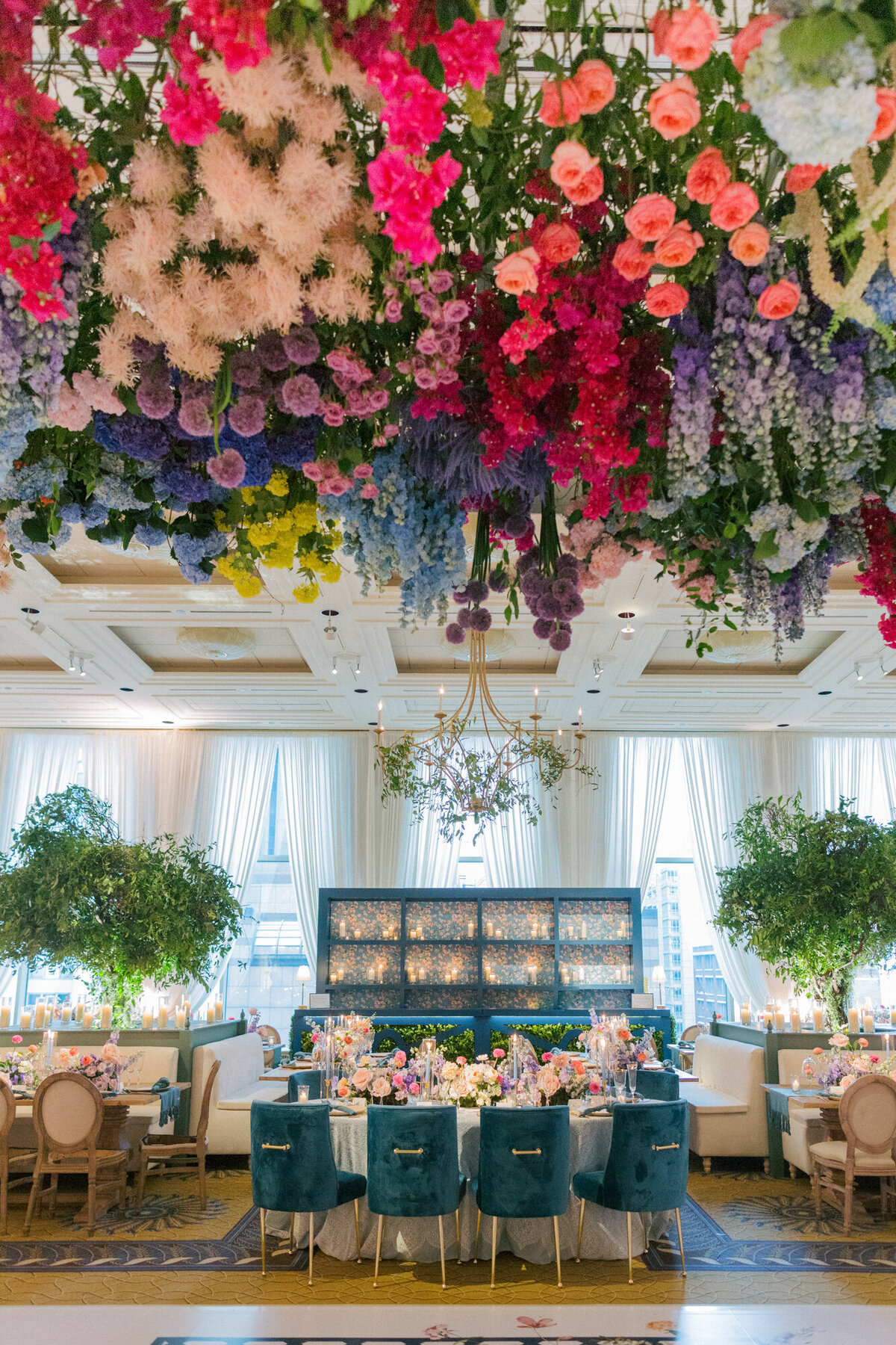 A colorful wedding reception decor photo taken at the Peninsula in Chicago