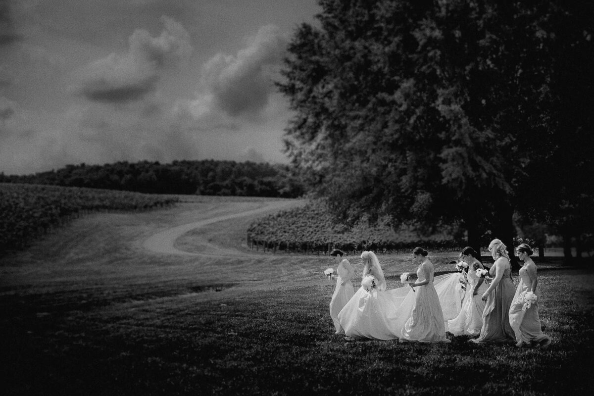 Bridesmaids in white dresses walking on a grassy path with trees in the background