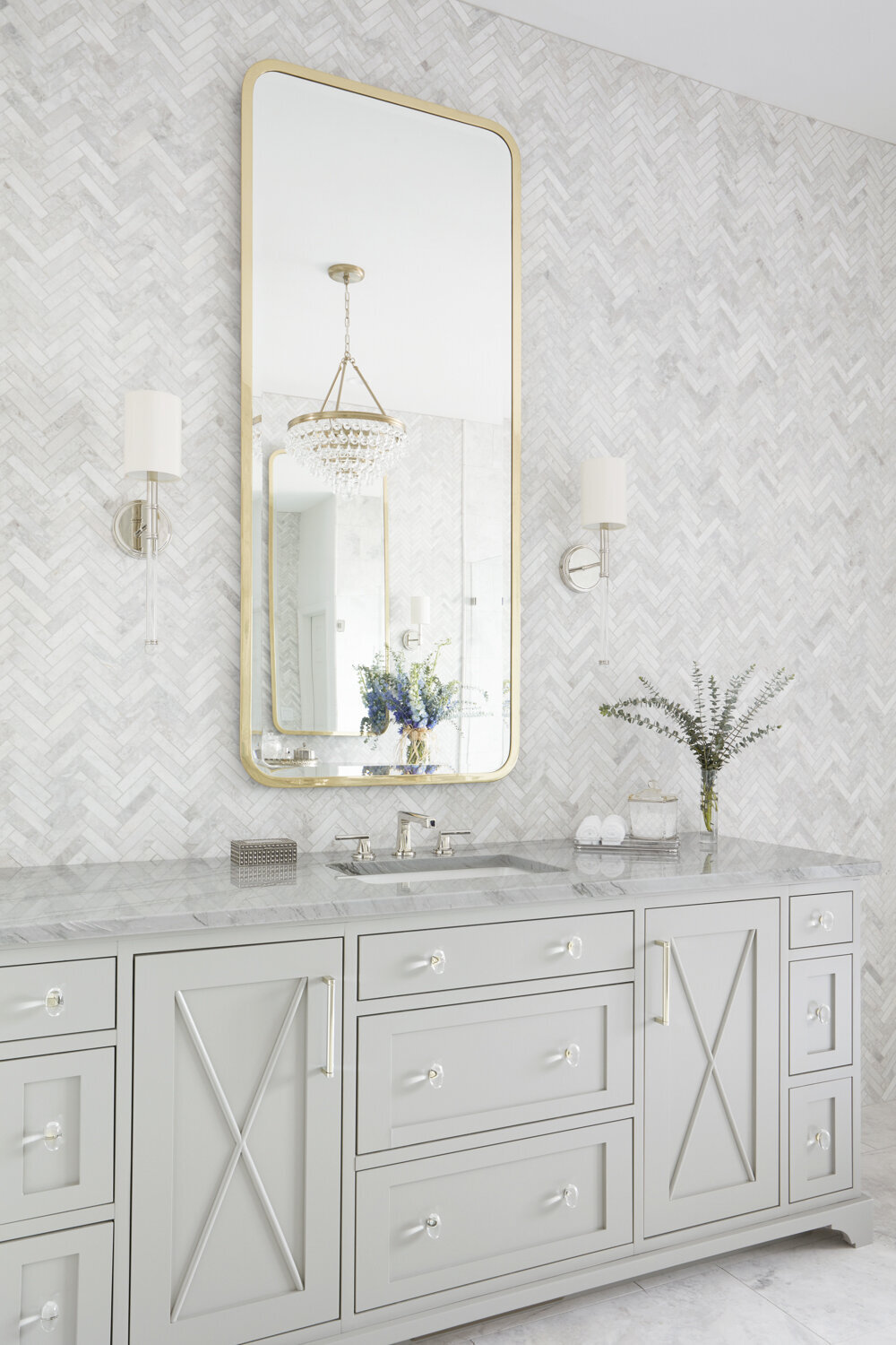 Panageries Residential Interior Design | Glam Charleston Single Vanity with Plenty of Storage thanks to Custom Cabinetry