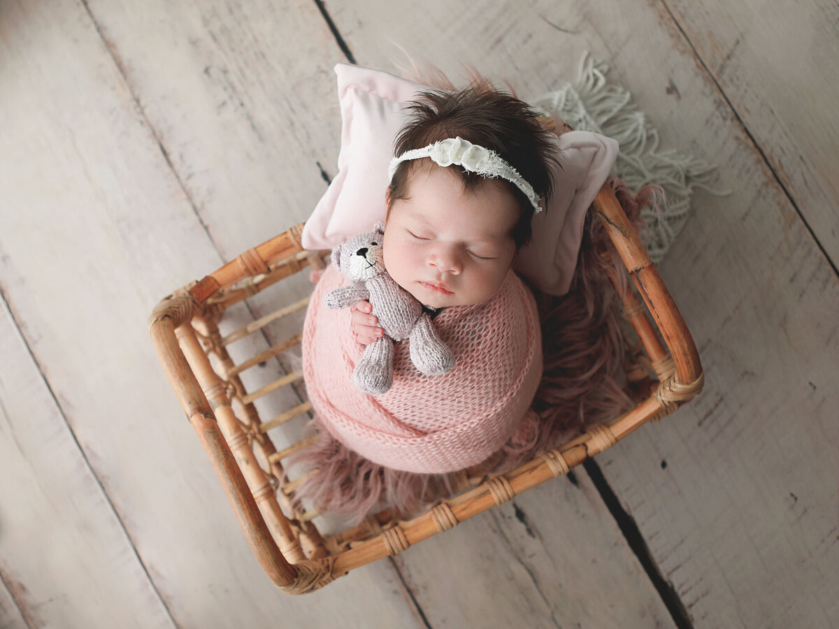 Newborn-photography-session-newborn-in-pink-wrap-in-basket,-photo-taken-by-Janina-Botha-photographer-in-Oakville-Ontario