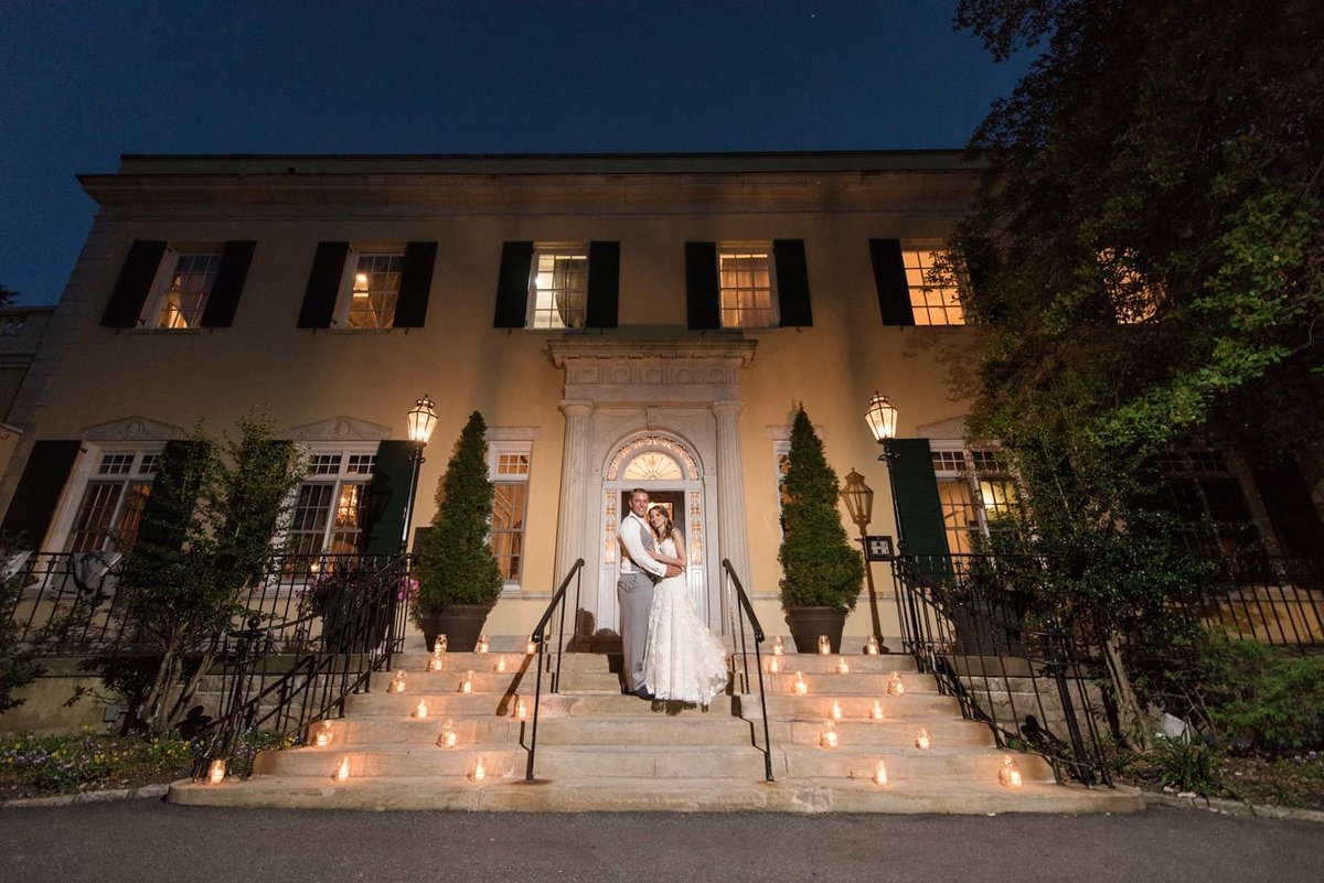 Night photo at the steps of The Mansion at Oyster Bay