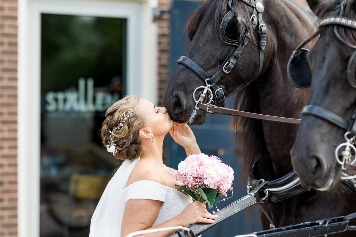 ruid kust liefdevol een paard tijdens haar trouwdag, perfect begeleid door weddingplanner