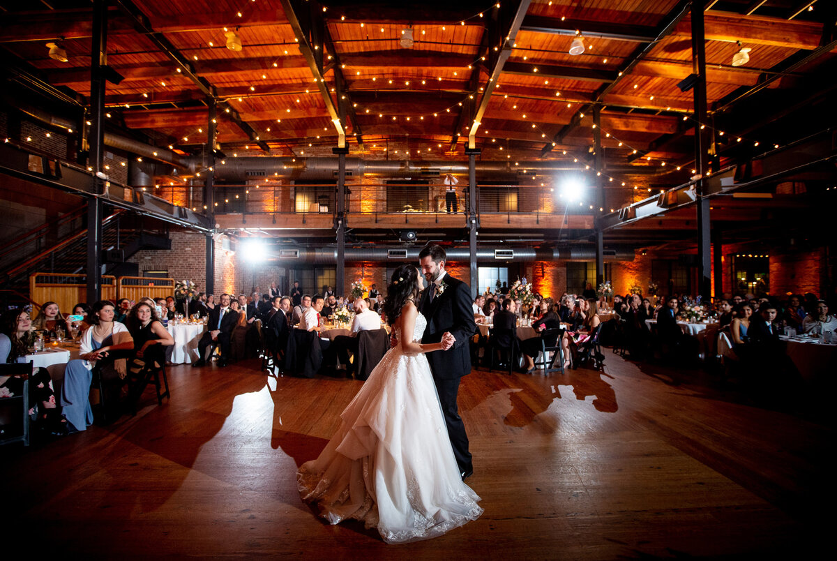 A bride and groom's first dance at Bay 7 in Durham.