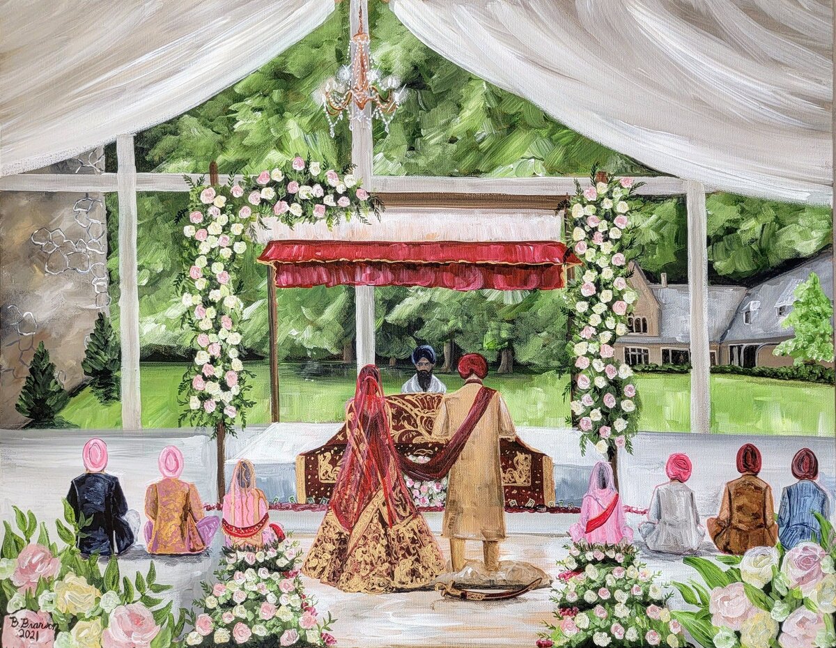 Sikh wedding ceremony live wedding painting at the Greenacres Arts Center in Cincinnati. Bride and Groom in traditional attire face the Holy Book.