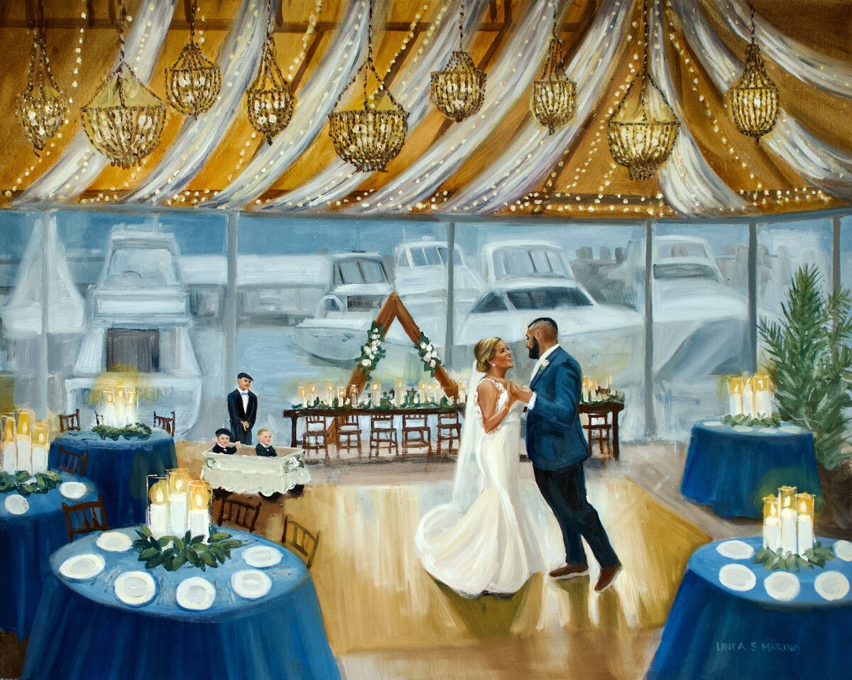 Live Wedding Painting of Bride and groom at Yacht Club in Newport RI
