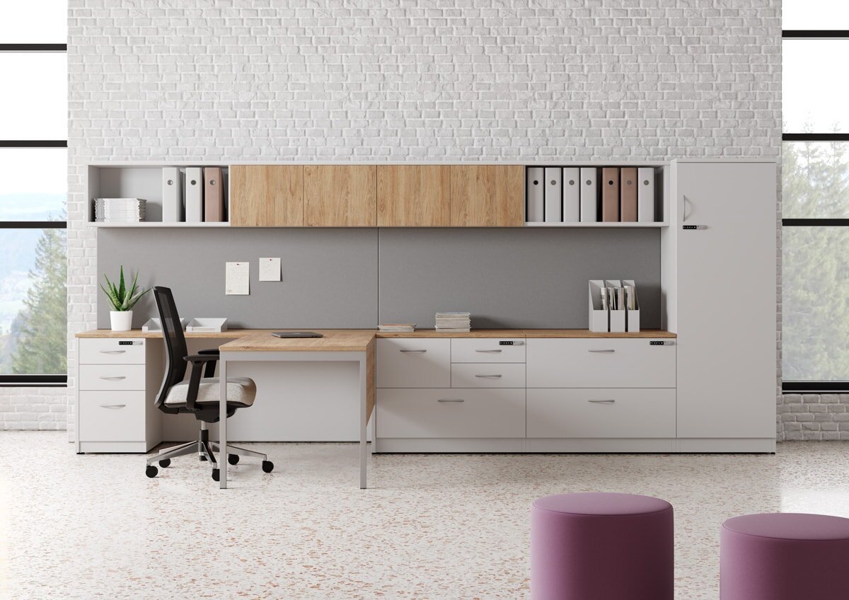 minimal office space with white storage