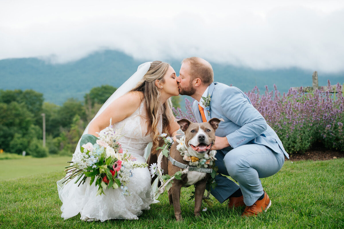 bride and groom kissing with ring bearer dog on wedding day in chittenden vermont