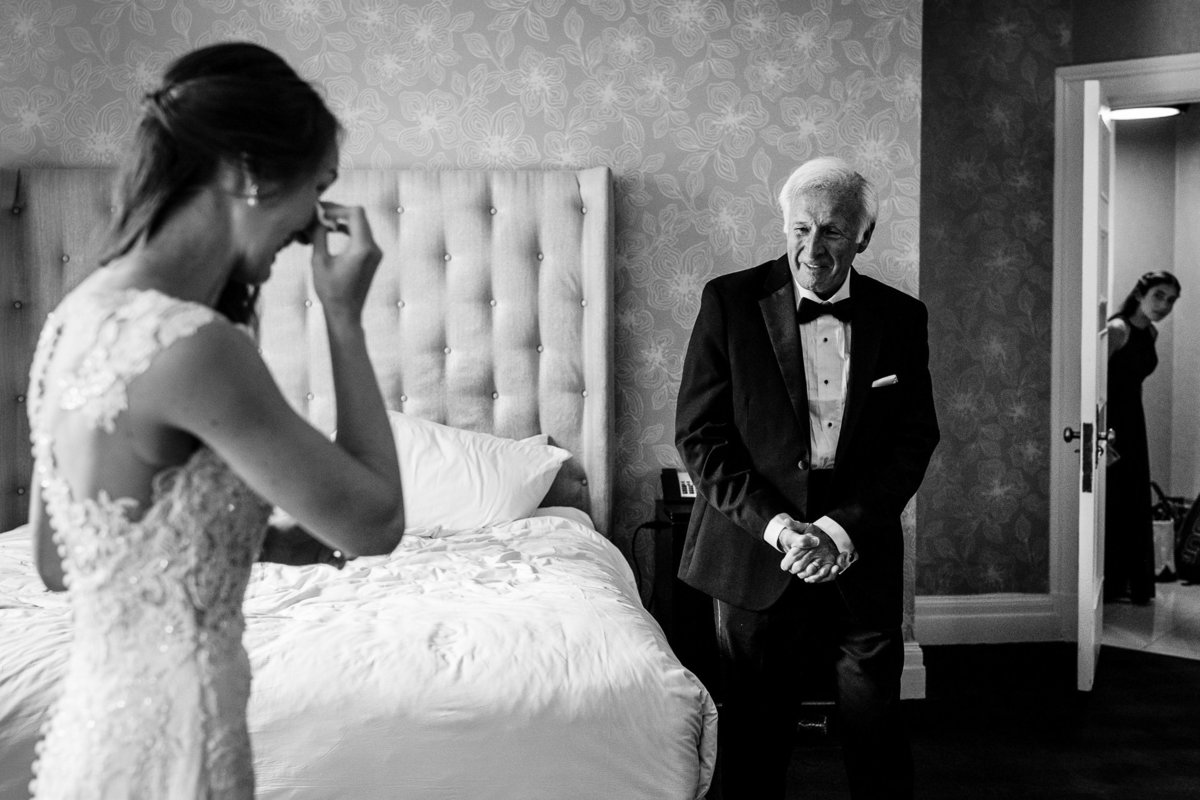 Bride tearing up as her father sees her during her Logan Philadelphia Wedding