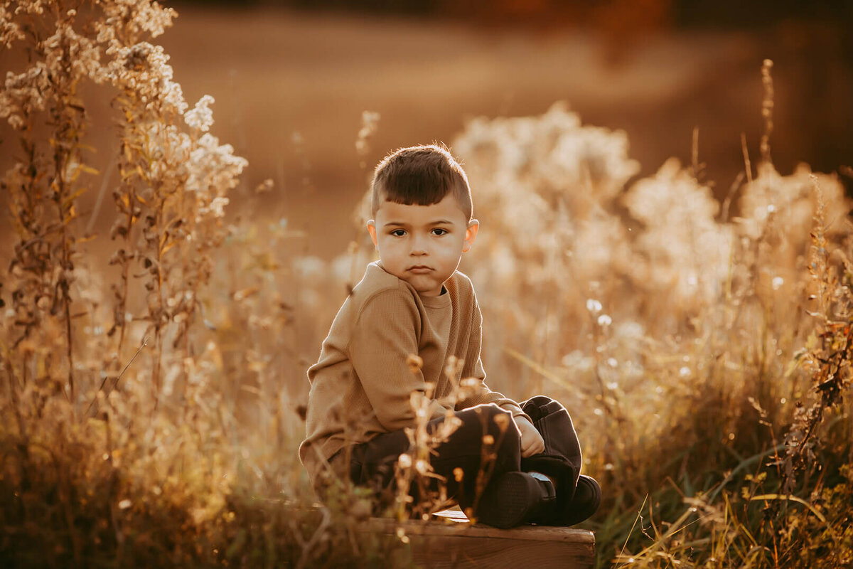 a little boy sitting criss cross on a crate looking serious in a gorgeous golden field