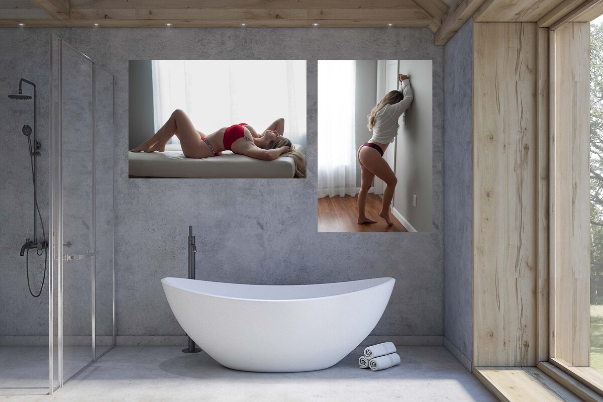 Two canvas hanging in the bathroom. One canvas is of a woman wearing red lingerie laying on a couch and the other canvas is of the same woman wearing a white shirt and red panty leaning on the wall.