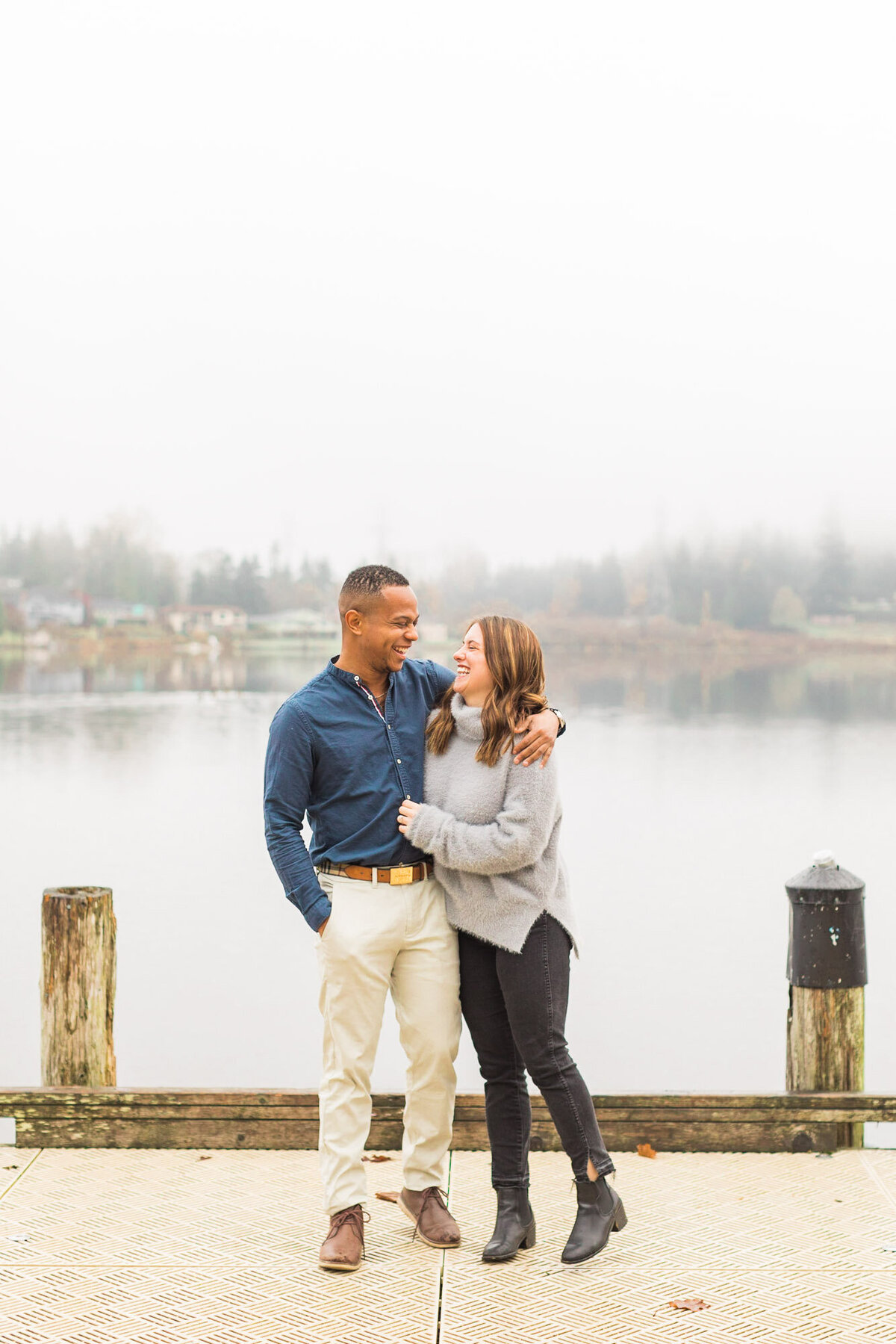 Romantic engagement photos by misty lake in Snohomish WA photo by Joanna Monger Photography