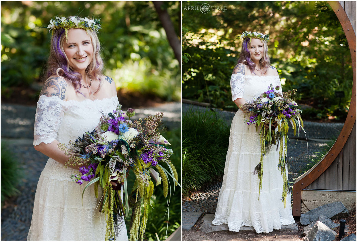Bride wearing a flower crown at Denver Botanic Gardens Circle Gate
