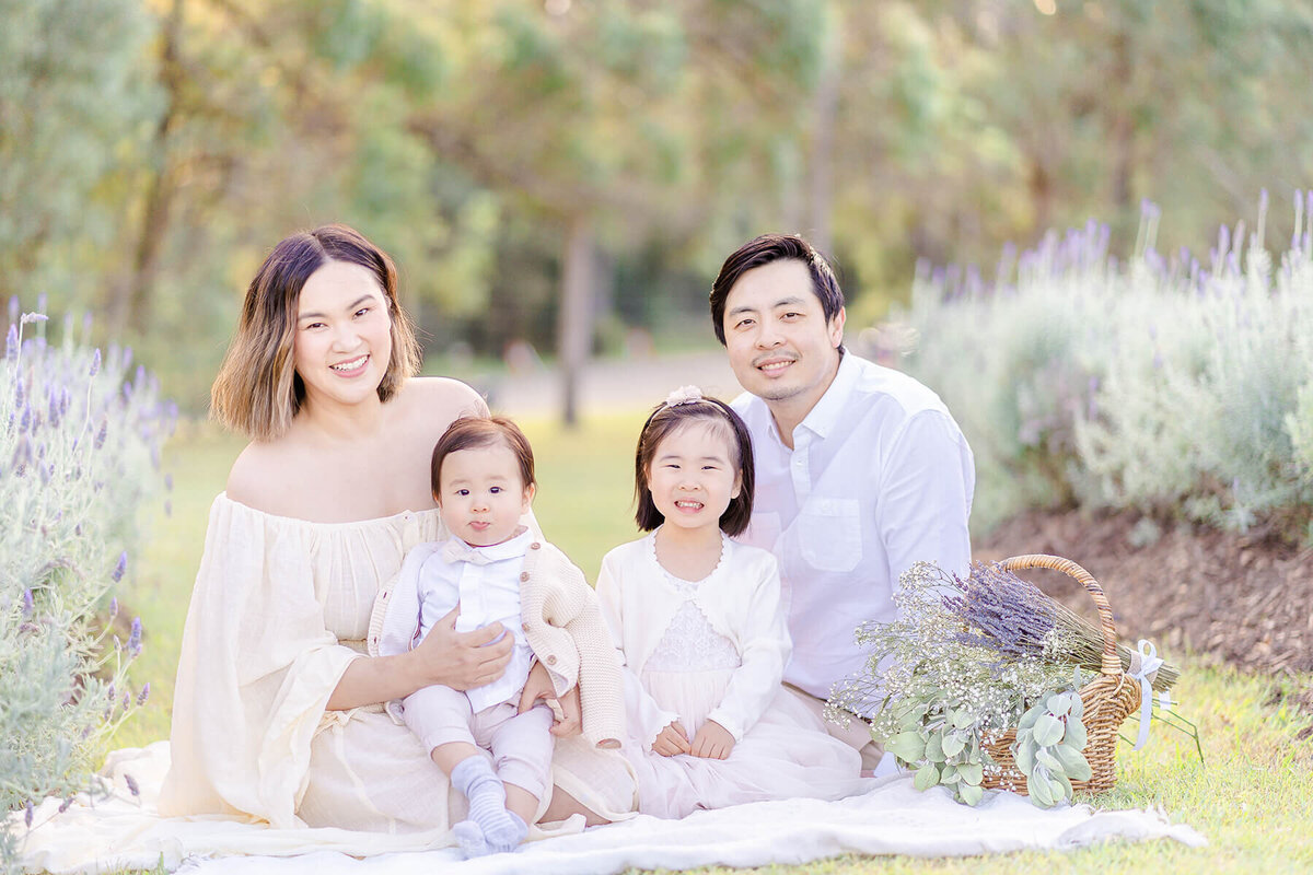 Asian Chinese family of 4 sitting on picnic mat in lavender field during family photoshoot in Brisbane.