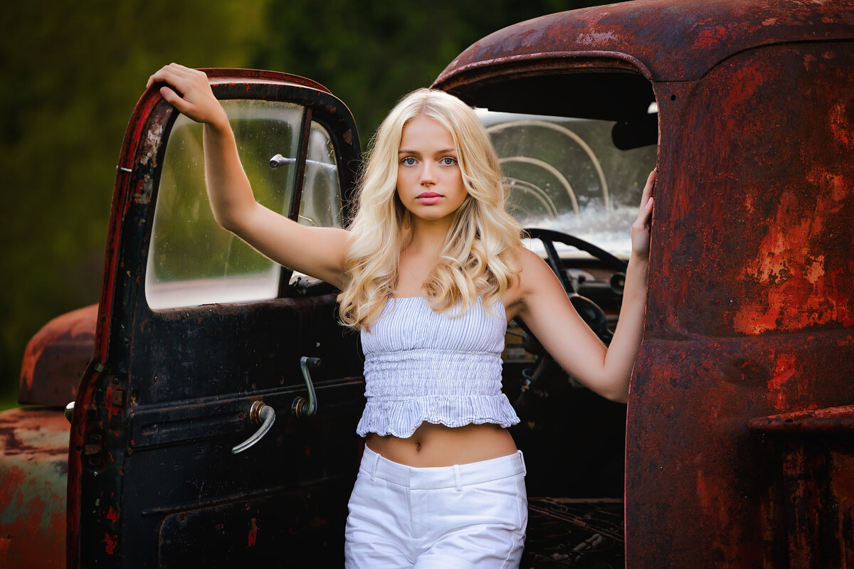 girl with vintage truck