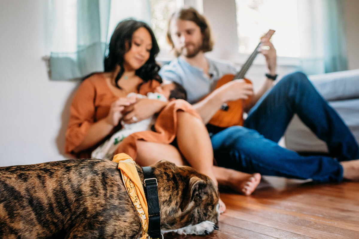 Newborn Photographer, Mom and Dad playing guitar while holding baby girl while dog lays down and sleeps.