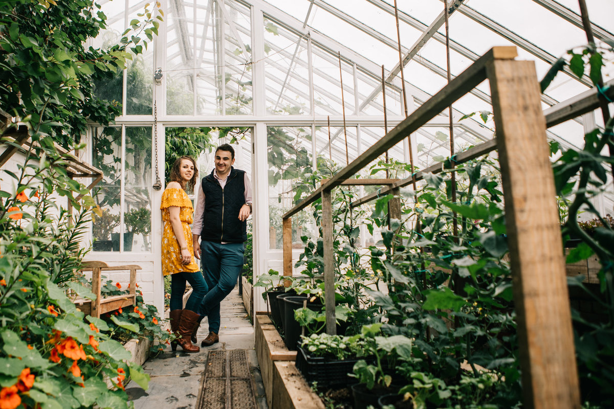 green house engagement photos, glass house, growing veg