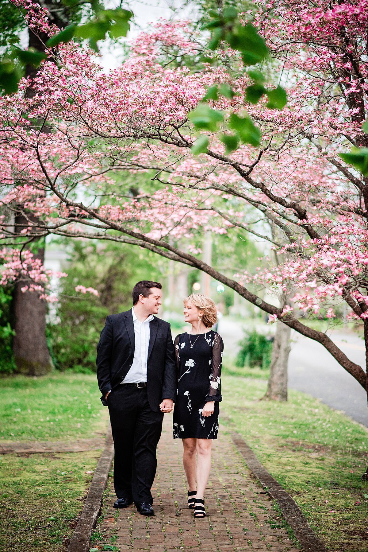 The bride and groom walk beneath  the pink cherry trees on a garden bath holding hands. The groom is wearing a black suit with a white shirt, his hand in is pocket. The bride is wearing a knee length long sleeved black dress with a white and pink floral pattern with strappy sandals.