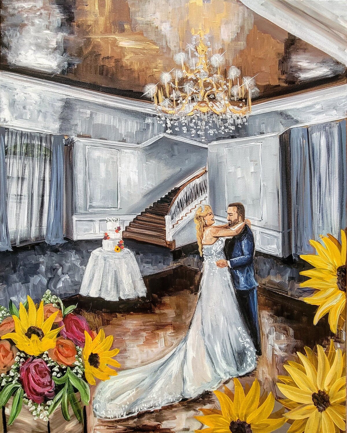Sunflower themed live wedding painting at the Mansion at Mountain Lakes in New Jersey. Bride and groom share their first dance on the dance floor.