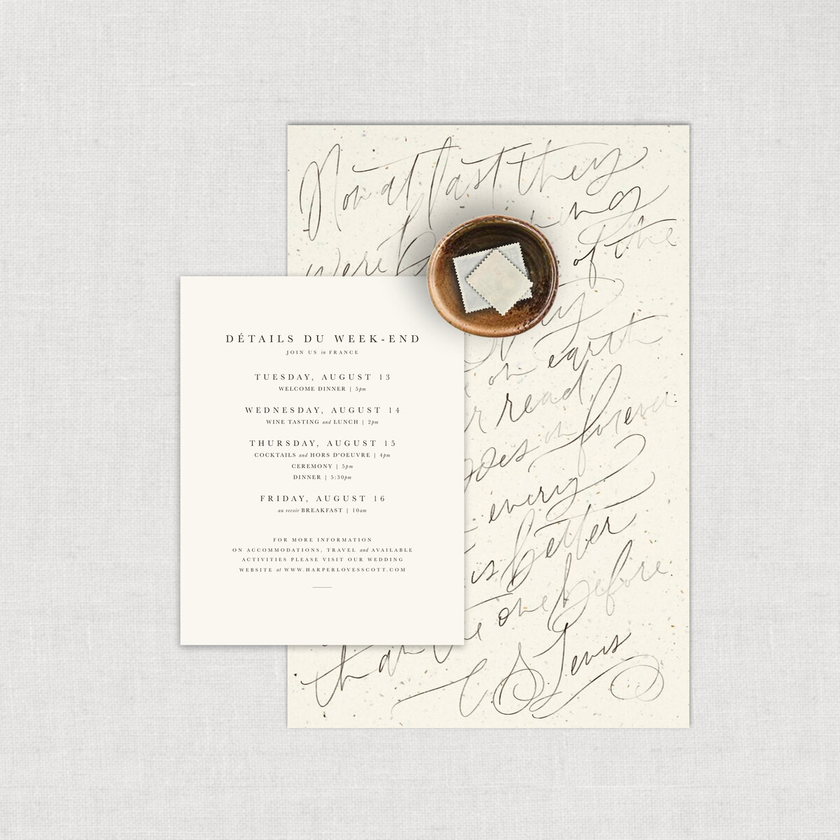 Romantic Wedding Weekend Wedding Invitation Details Card with love letter printed invitation wrap.