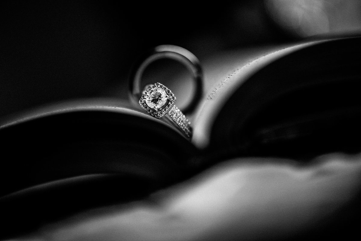 dramtic photo of wedding rings on a book