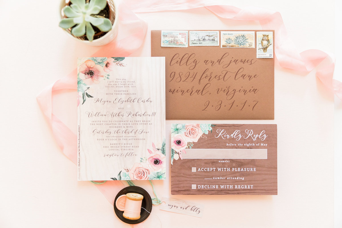 rustic pink succulent wedding invitation