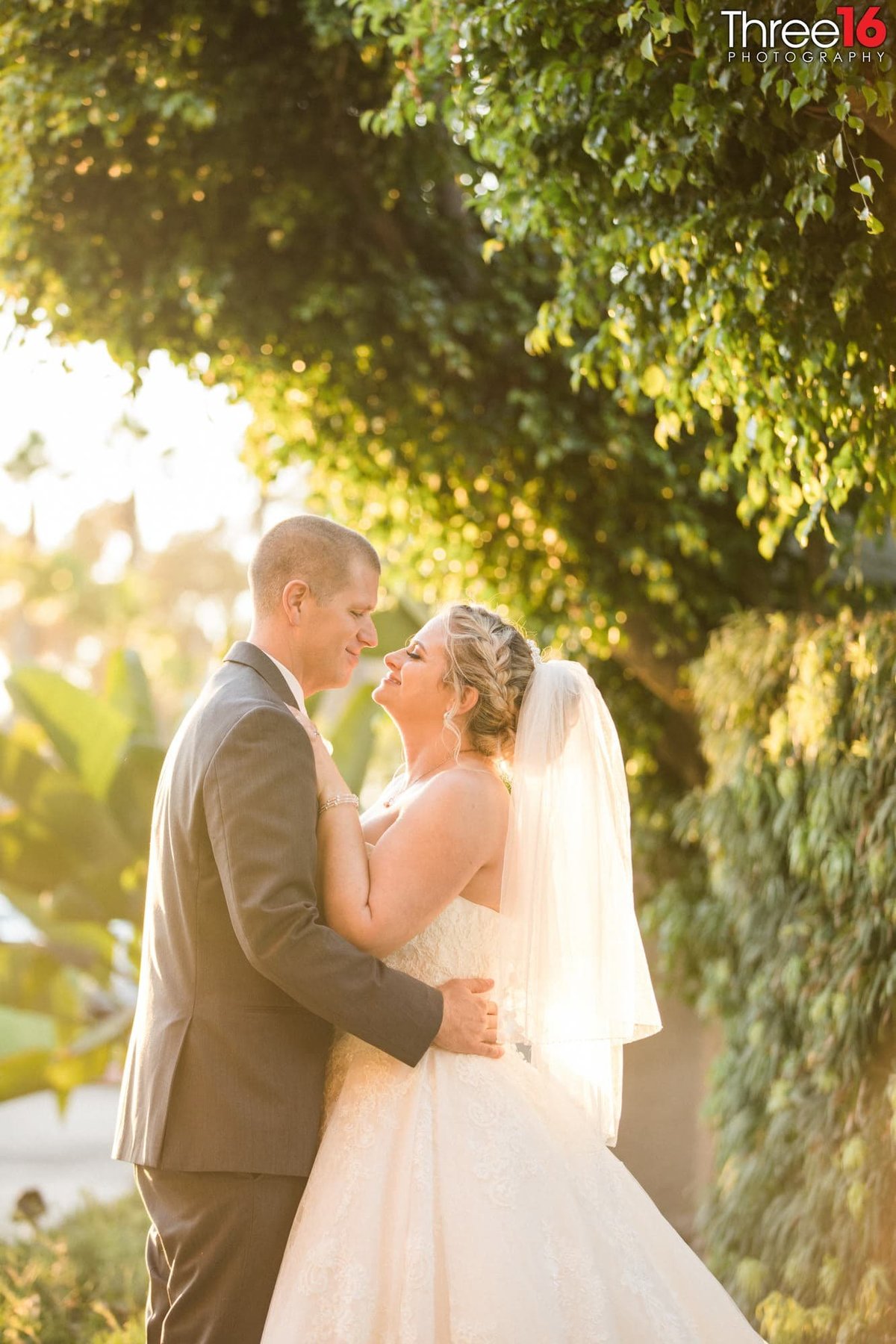Bride and Groom share intimate moment under a tree
