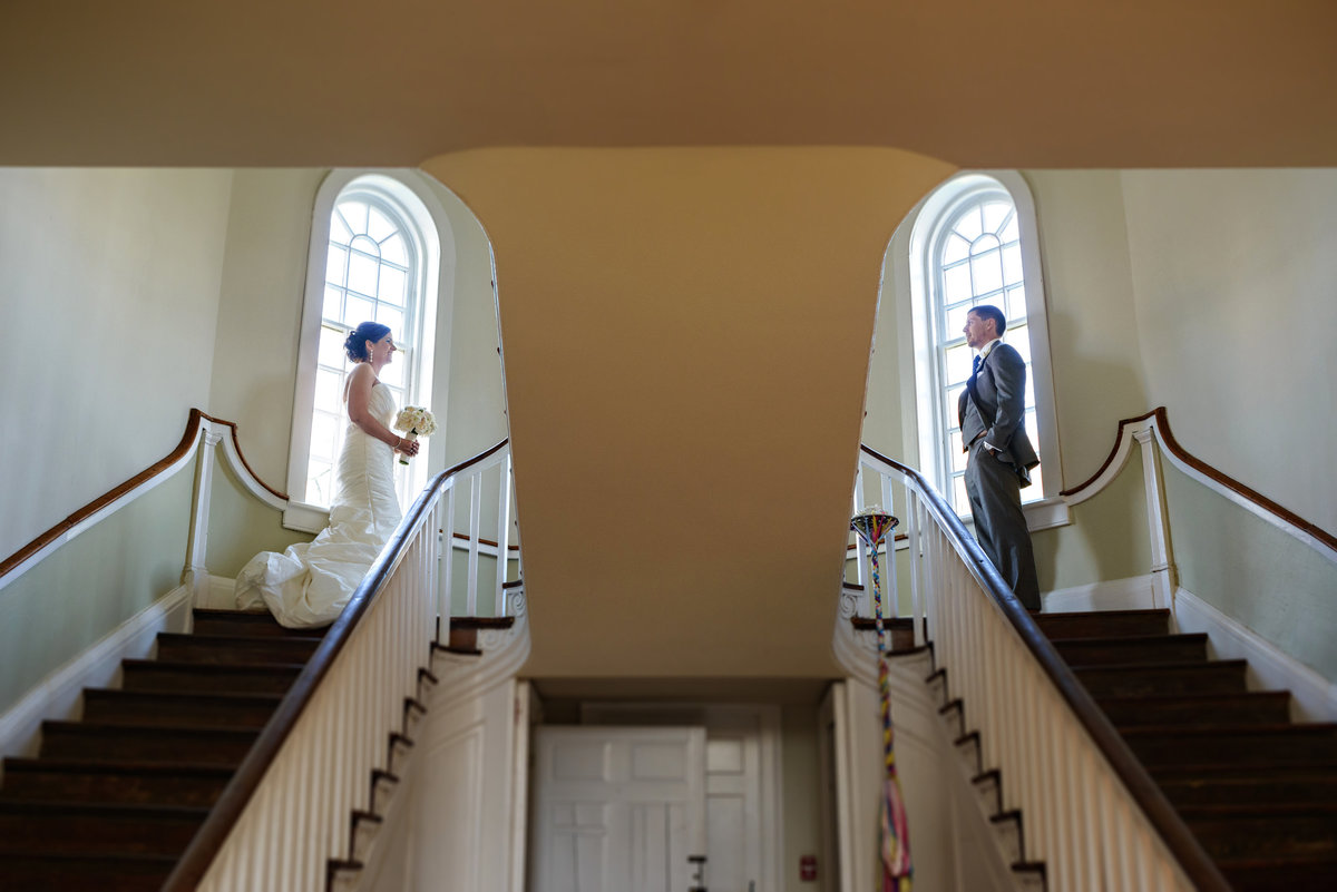 A couple have their first look at the top of the stairs.