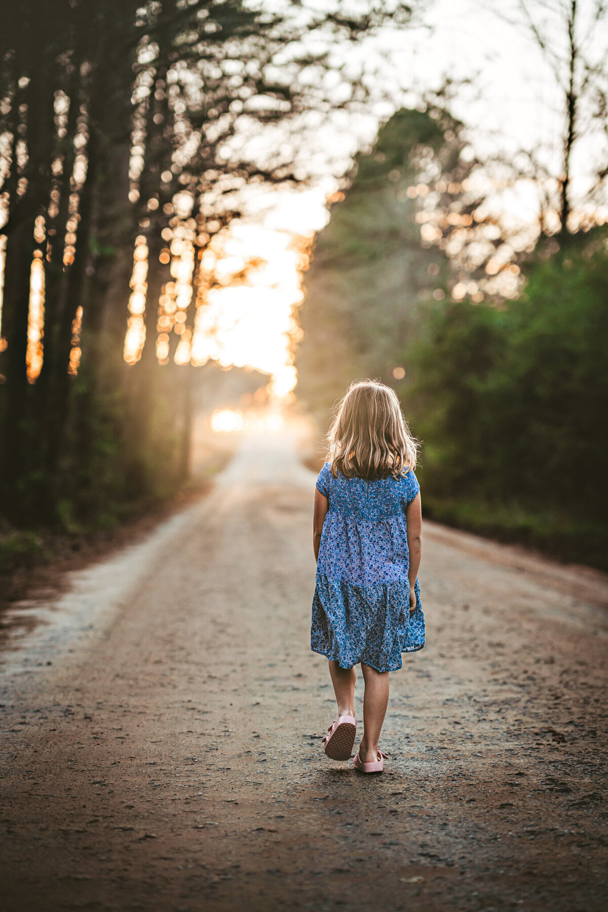 A young girl in a blue dress is walking down a dirt road at sunset.