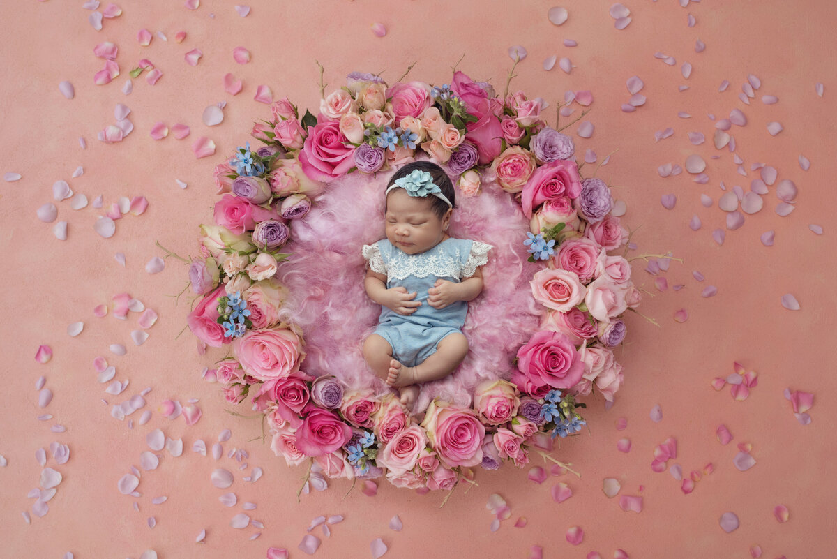 A newborn baby in a blue onesie sleeps in a bed of pink flowers in a studio with petals scattered around her