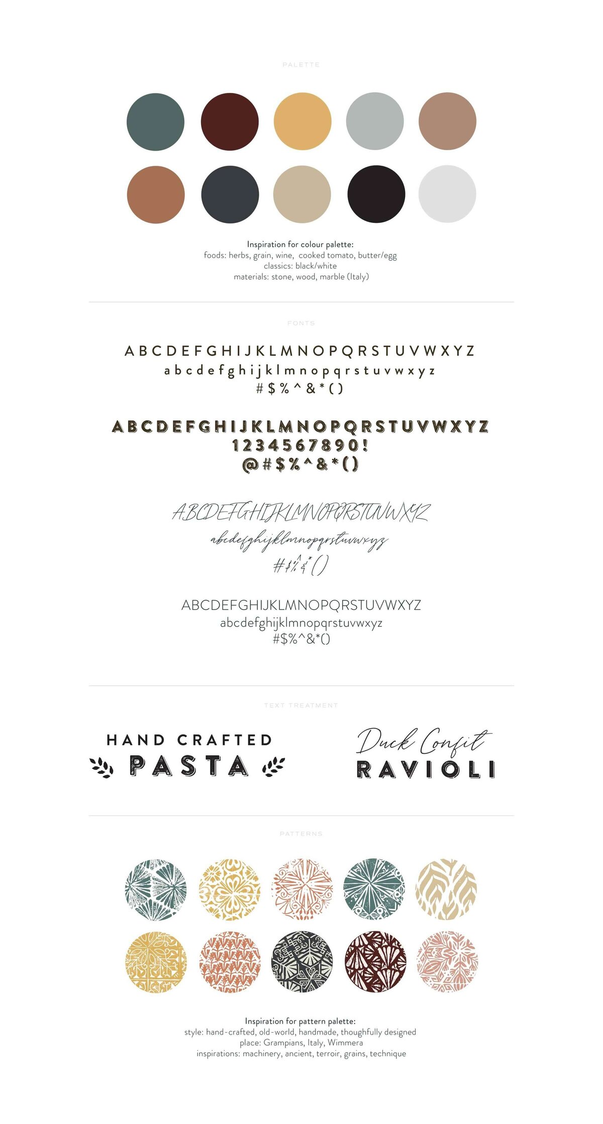 Brand guidelines neutral colour palette, minimalist font choices , font variations and brand patterns