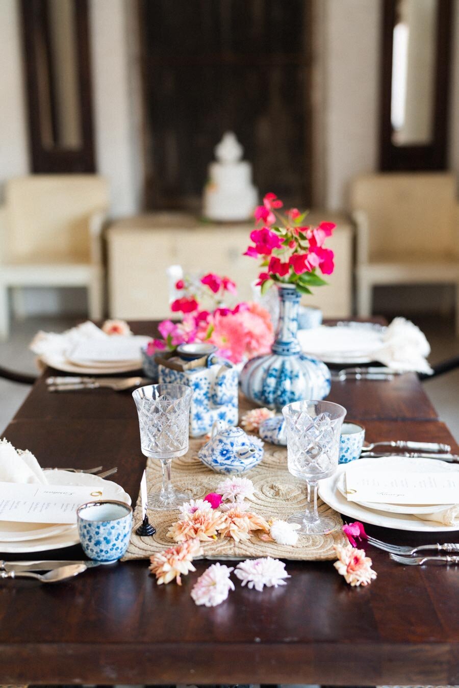 Blue and White Vase Wedding Centerpiece with Pink Flowers Indian Elopement Bonnie Sen Photography