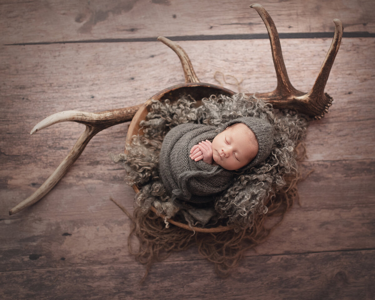 Newborn Boy with elk antlers southern Oregon, By Katie Anne