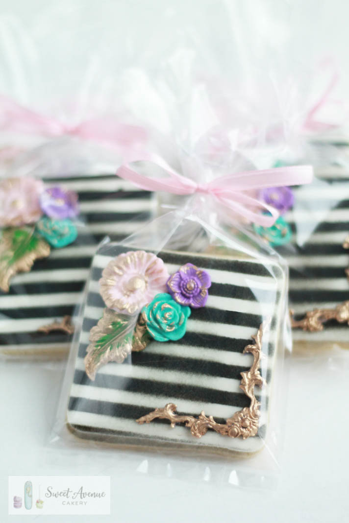 stripes and flowers, Kate Spade bridal shower cookie favours