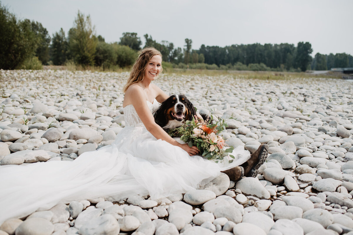 Jackson Hole Photographers capture bride sitting with dog in wedding dress