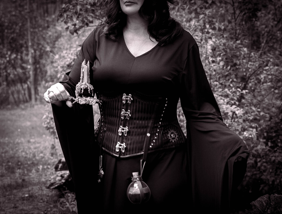 goddess studio witch corset black white spells ceremony