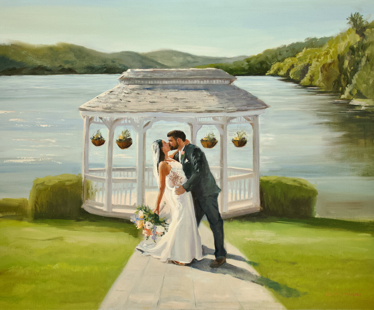 live wedding painting of bride and groom kissing in front of gazebo