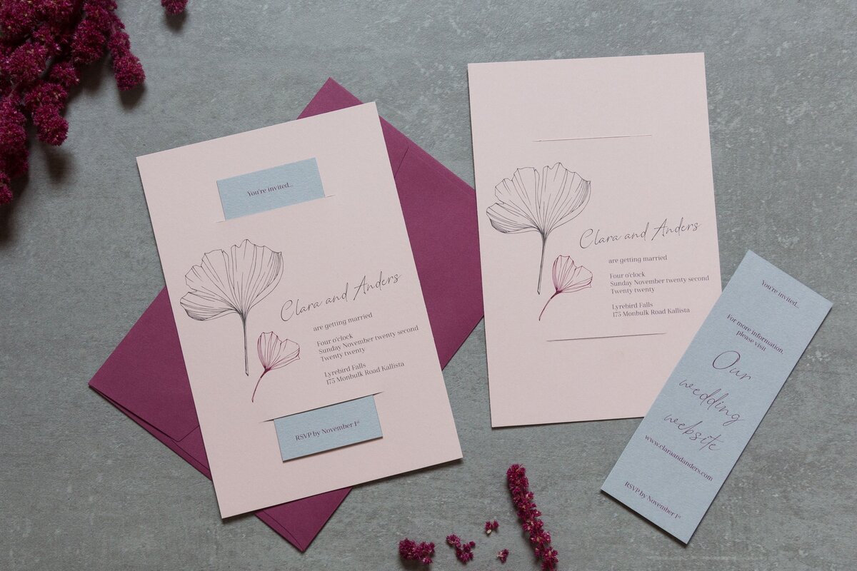 Elegant pink wedding invitation suite with ginkgo leaf and grey RSVP card