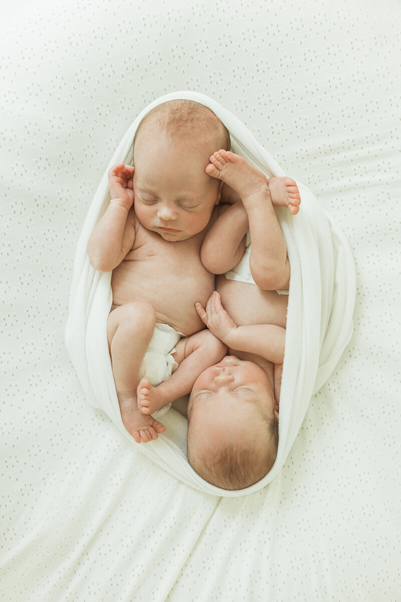 two newborn twins are posed by Nashville photographer wrapped up in a womb position