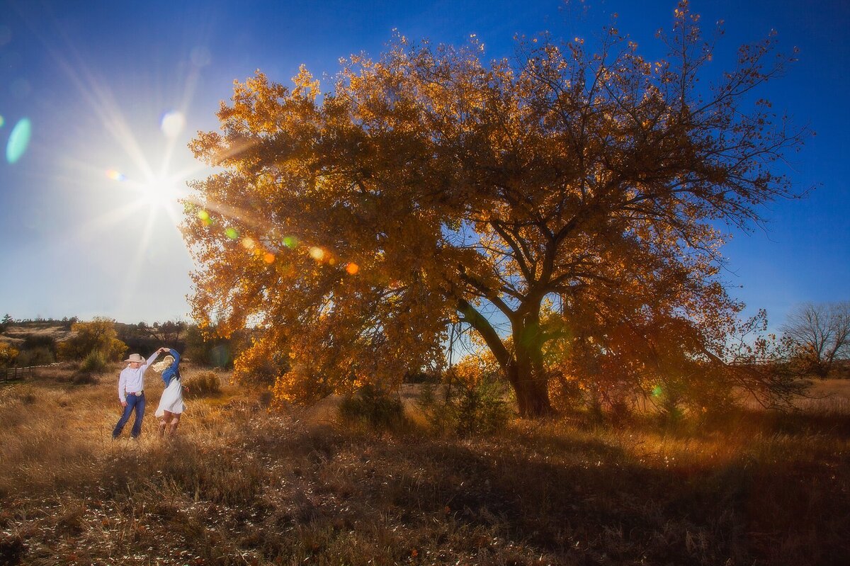 Couple dressed in white and blue dancing in front of a tree with fall colors