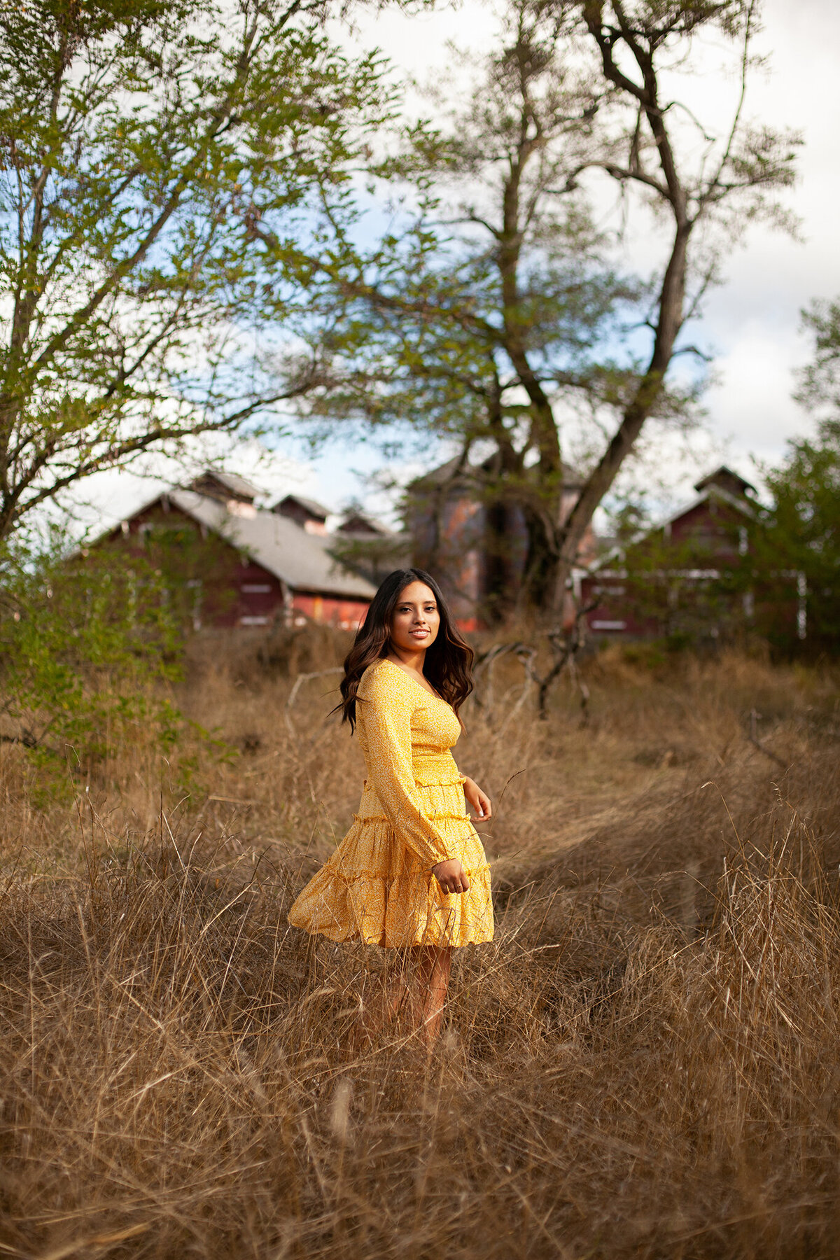 Senior in yellow dress with silo