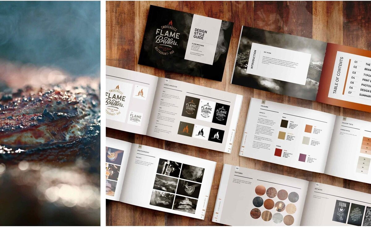 Flame brothers brand booklet showcasing logo, colour palette design guides